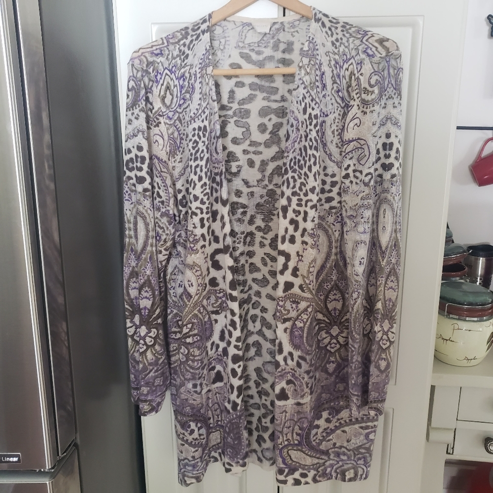 Chico's Linen Blend Paisley Animal Print Duster Lightweight Long Open Cardigan